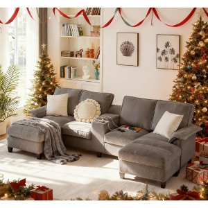 120" Modular Corduroy Sectional Sofa Bed U-Shape 4-Seater Storage Chaise Console Cup Holders Hardwood Frame Living Room Apartment Lounge - 1 of 4