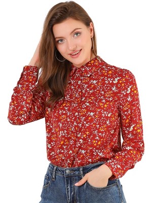 Allegra K Women's Point Collar Long Button Sleeve Button Down Floral Shirt