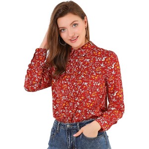 Allegra K Women's Point Collar Long Button Sleeve Button Down Floral Shirt - 1 of 4