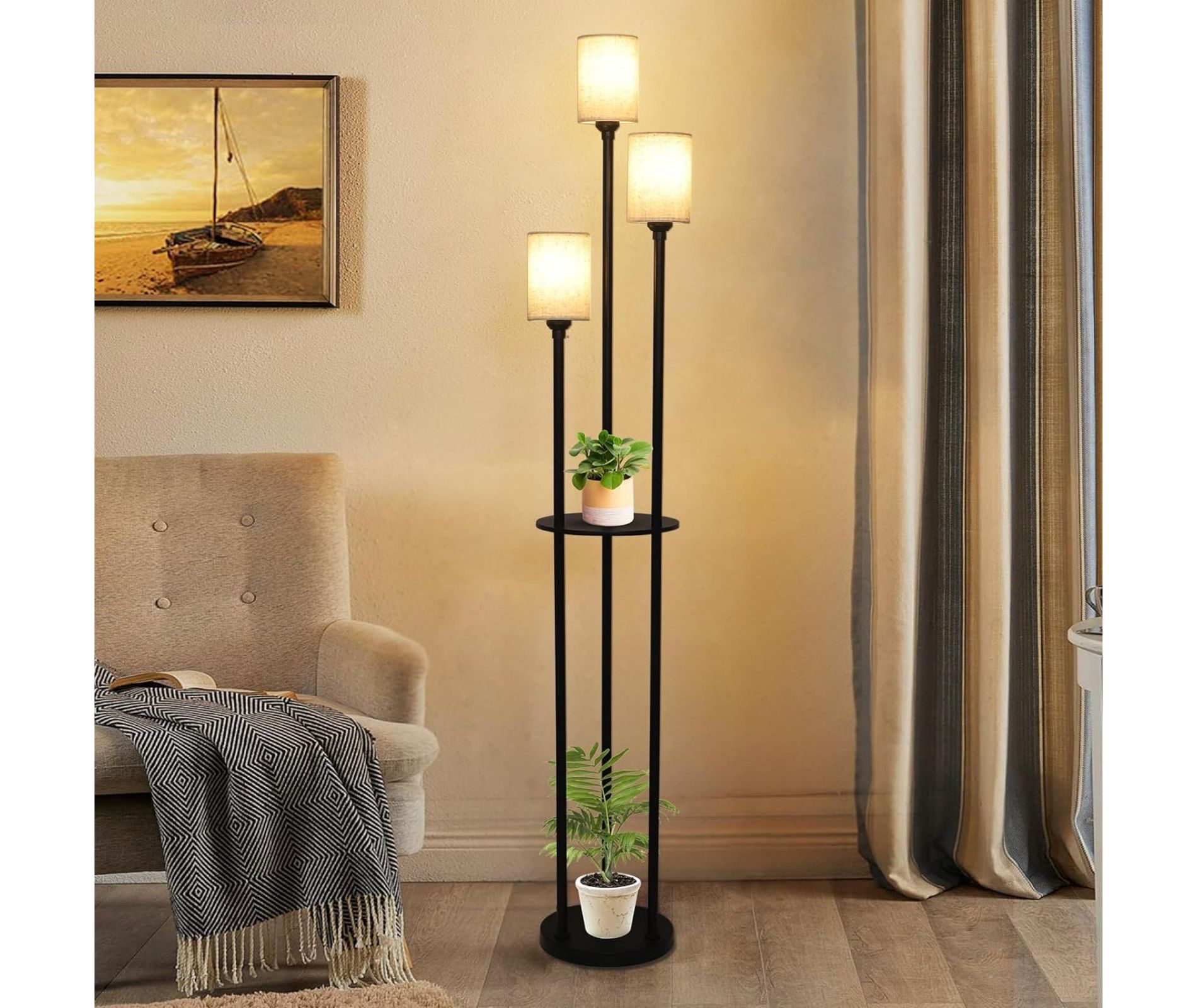 TIRAMISUBEST Floor Lamp with Shelves 3-Lights Linen Shade Foot Switch Industrial Double Shelf Storage Display Living Room Bedroom Office, Black