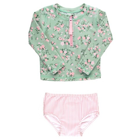 RuffleButts Girls Long Sleeve Zipper Rash Guard 2-Piece - Tea Roses, Size : 4T