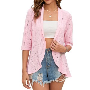 Clearlove Women Lightweight Cardigan 3/4 Sleeves Open Front Draped Ruffles Top - 1 of 4