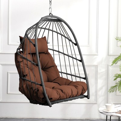 Hanging Egg Chair with Stand Kit,Foldable PE Rattan Swing Seat with Cushion and Pillow,Outdoor Hanging Chair for Patio or Balcony-Maison Boucle