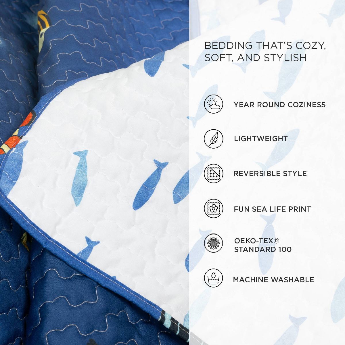 Twin 2pc Set Kids' Under The Sea Quilts Navy - Lush Décor: Kids Bedding Set, Ocean Theme, Reversible, OEKO-TEX Certified - thumbnail 7
