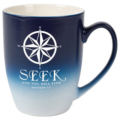 Elanze Designs Seek And You Will Find Matthew 7:7 Two Toned Ombre Matte Navy Blue and White 12 ounce Ceramic Stoneware Coffee Cup Mug