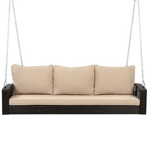 Okak 69IN 3-Person Wicker Porch Swing with Throw Pillow and Cushion, Swing Chair with Chain, Outdoor Swing for Backyard, Garden - 1 of 4