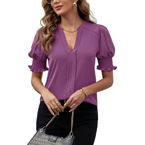 BLUEMING Womens T-Shirts Short Puff Sleeve Casual Blouses V Neck Smocked Cuff Tunic Tops Business Tops - 1 of 4