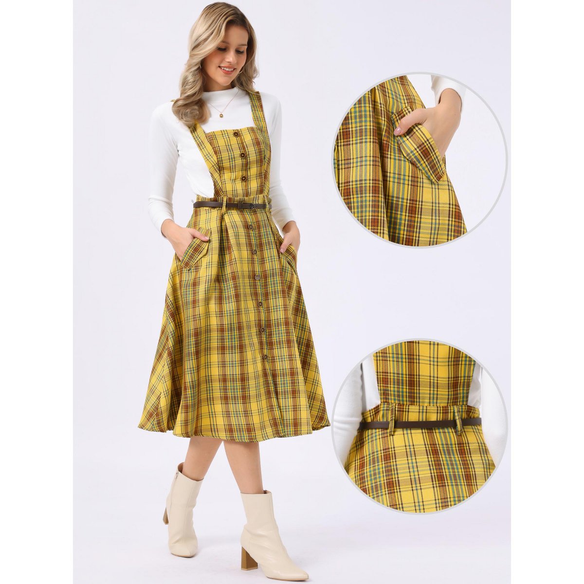 Женские платья INSPIRE CHIC Women's Plaid Square Neck Belted Sleeveless A-Line Pinafore Dress X-Large Yellow — фото 2