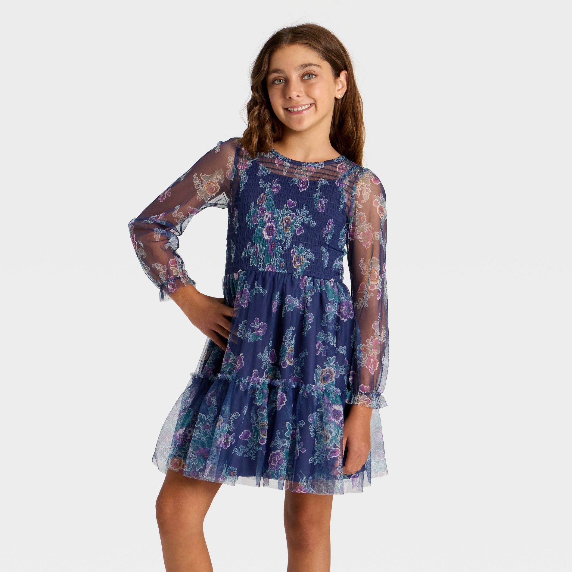 Zenzi Girls' Long Sleeve Floral Printed Mesh A-Line Dress - Navy Blue