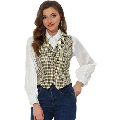 Allegra K Women's Plaid Vintage Notched Lapel Collar Single Breasted ...