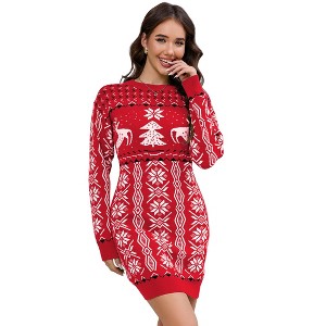 Women's Crew Neck Christmas Knit Dress, Slim - Fit Sweater Dress with Festive Patterns for Holiday Season - 1 of 4