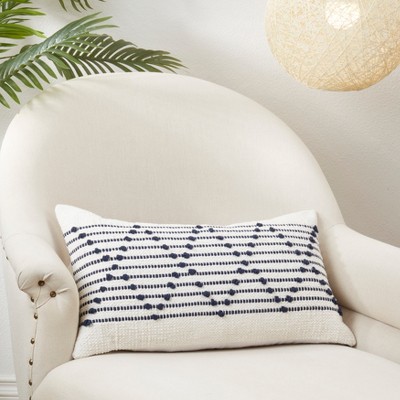 Off-White and Navy Diamond Weave Cotton Throw Pillow, 14"x22"