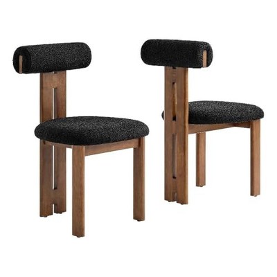 Modway  Torian Upholstered Boucle Dining Chairs Set of 2 in Walnut Black - 3-Legged Farmhouse Kitchen Chairs Comfortable Side Chairs with Wood Legs