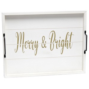 HomeRoots 16" White And Gold Merry and Bright Christmas Serving Tray With Handles - 1 of 4