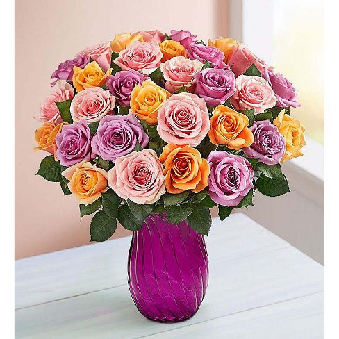 Sorbet Roses 36 Stems With Purple Vase By 1 800 Flowers Target