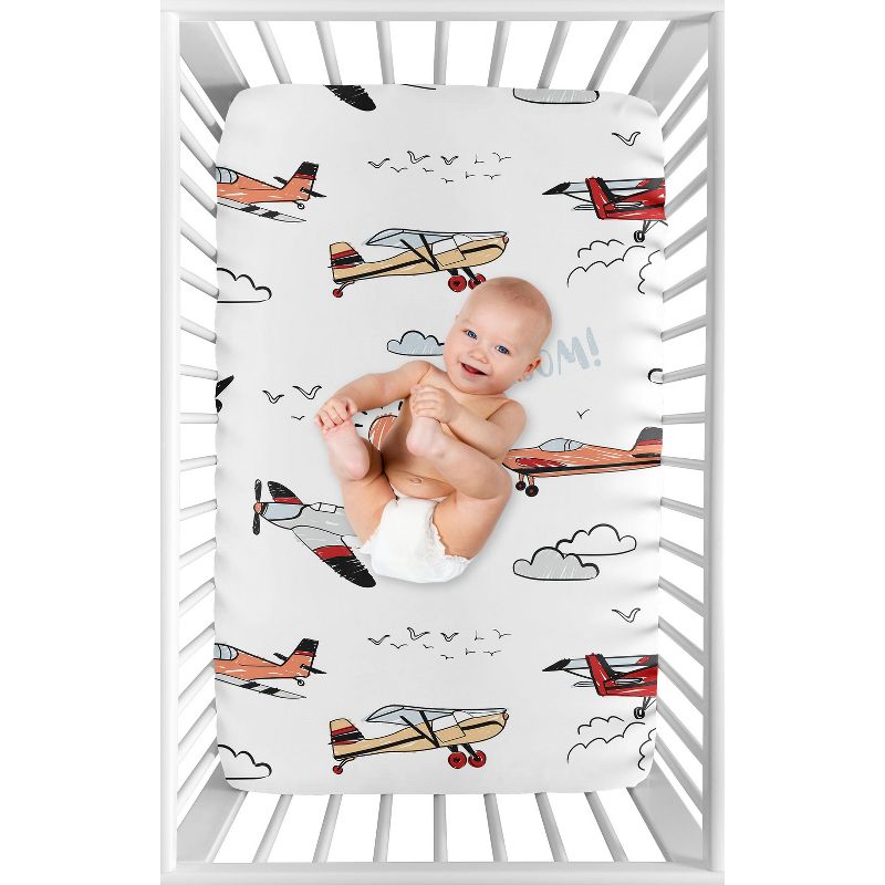 Sweet Jojo Designs Boy Baby Fitted Mini Crib Sheet Airplane Red Blue and Grey, 4 of 7