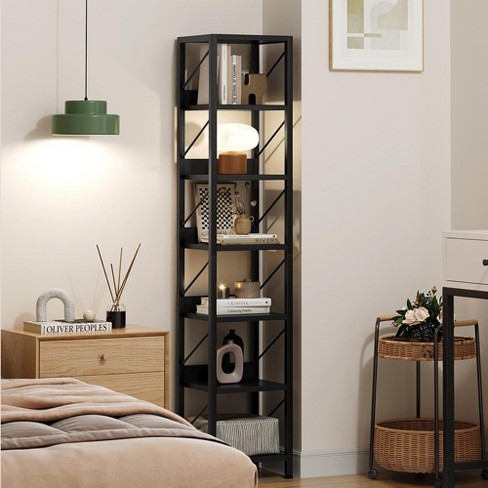 Narrow Bookshelf Tall Skinny Bookcase 6 Tier Storage Rack Rustic Corner Shelf Metal Frame Small Freestanding Bookshelves - image 1 of 4