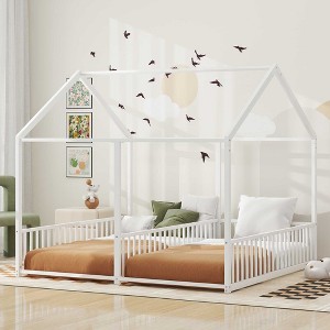 NicBex Twin Size Platform Bed Modern House-Shaped Metal Bed Frame with 2 Beds Side by Side and Guardrails for Bedroom, No Box Spring Required - 1 of 4