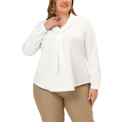 Agnes Orinda Women's Plus Size Elegant Tie Chiffon Formal Office Shirts  White 2X