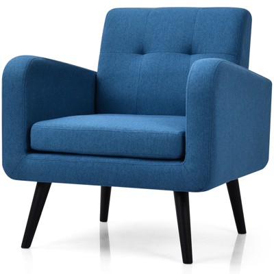 Tangkula Modern Upholstered Accent Chair Linen Fabric Single Sofa with Rubber Wood Leg Grey/ Blue