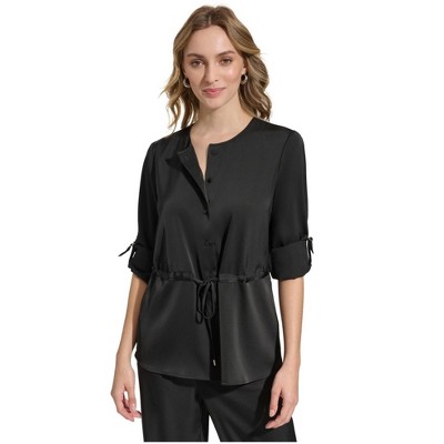 Calvin Klein Womens Satin Drawstring Waist Button Down Blouse