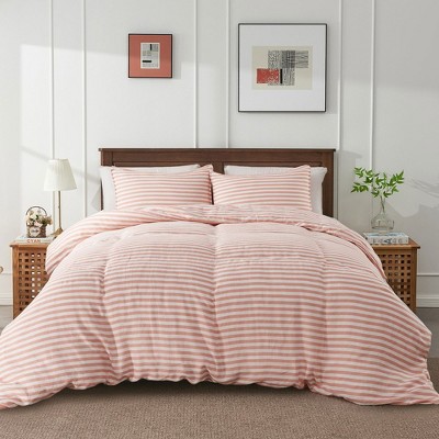 Peace Nest 100% Flax Linen Stripe Duvet Cover And Sham Set, Pink, Full ...