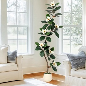 Rubber Tree Artificial Tree in White Planter Pot,Faux Plants Indoor Faux Floor Plant Artificial Plants with Magnolia Flowers for Home Decor - 1 of 4
