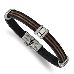 Black Bow Jewelry Men's 8mm Stainless Steel, Black & Brown Leather Bracelet, 8.25 Inch - 1 of 4