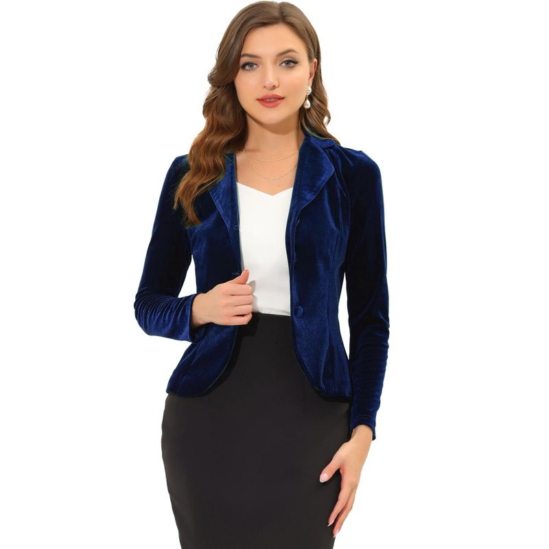 Allegra K Women's Notched Lapel Long Sleeve Office Business Button Velvet Suit Blazer, 1 of 7