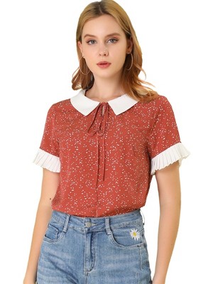 Allegra K Women's Contrast Doll Collar Polka Dots Short Sleeves Blouse