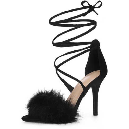 Allegra K Women s Faux Fur Stiletto Heel Lace Up Heels Sandals Black 7