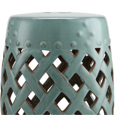 Blue Ceramic Garden Stool with Woven Lattice Design