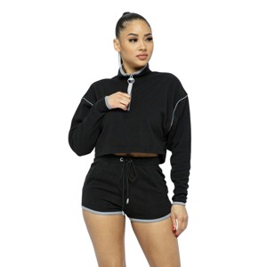Slickblue Women's Activewear Set, Sporty Crop Top with Zipper & High-Waist Shorts, Casual Style, Black, Size S-L - 1 of 4