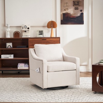 Teddy Fabric 360° Swivel Accent Chair Upholstered with One Back Pillow, Armrests featuring Rivet Craftsmanship, Single Sofa Chair with High Backrest