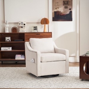 Teddy Fabric 360° Swivel Accent Chair Upholstered with One Back Pillow, Armrests featuring Rivet Craftsmanship, Single Sofa Chair with High Backrest - 1 of 4