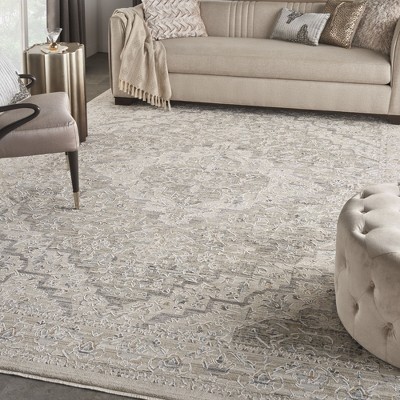 Ivory Taupe Floral Synthetic Round Washable Rug