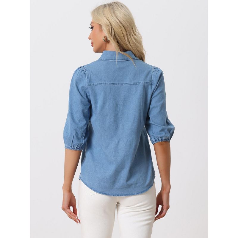 Allegra K Women's 3/4 Puff Sleeve Collar Button Down Jean Shirts, 3 of 6