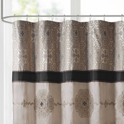 Donovan Black and Beige Embroidered Fabric Shower Curtain