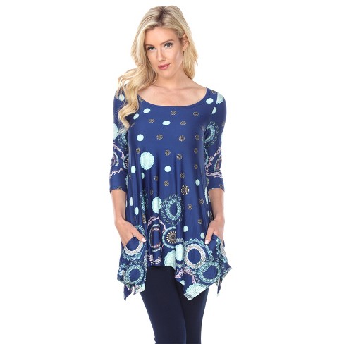 Women's 3/4 Sleeve Printed Erie Tunic Top With Pockets Royal Blue ...