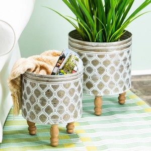 Evergreen Embossed Metal Planter with Wood Legs, Set of 2 - 1 of 4