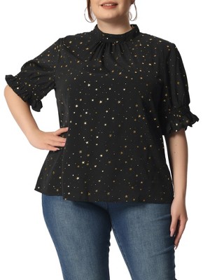Agnes Orinda Women's Plus Size Glitter Pleated Keyhole Back Star Print Puff Sleeve Blouses