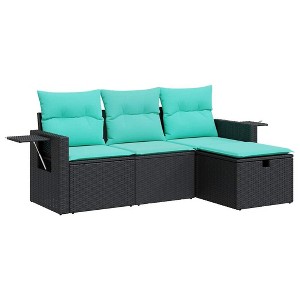vidaXL 4-Piece Black Poly Rattan Patio Sofa Set with Storage, Cushions & Footstool for Garden, Terrace, Deck - Weather-Resistant, Removable Covers - 1 of 4