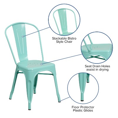 Mint Green Metal Armless Stacking Dining Chair with Slat Back
