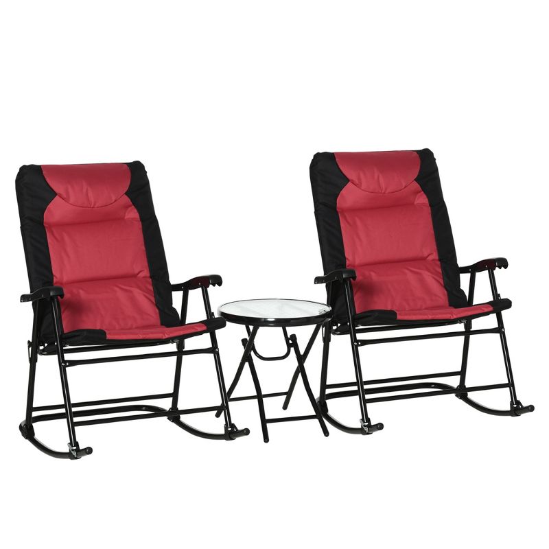 Outsunny 3 Piece Outdoor Patio Furniture Set with Glass Coffee Table & 2 Folding Padded Rocking Chairs, Bistro Style for Porch, Camping, Balcony, Red, 4 of 7