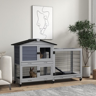 LAOTIES 59" 2-Story Rabbit Hutch,Large Wooden Bunny Cage with Wheels,Waterproof Indoor And Outdoor Small Animal House with Slide-Out Tray