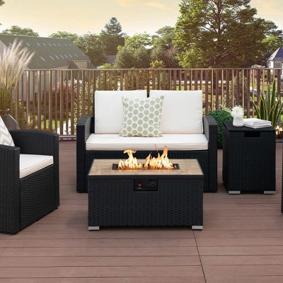 32" Brown PE Rattan Gas Fire Pit Table Set with Side Table