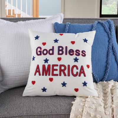 18" White Patriotic Embroidered Square Throw Pillow