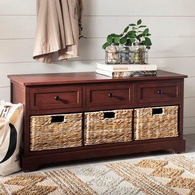 Transitional Red Pine Storage Bench with Wicker Baskets