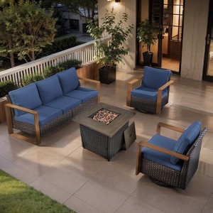 Buenhomino 4 Piece Outdoor Patio Furniture Set with Propane Fire Pit Table, Wicker Patio Conversation Set with 2 Swivel Rocker Chairs - 1 of 4