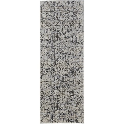 HomeRoots 8' Ivory and Gray Abstract Power Loom Worn Faded Runner Rug With Fringe